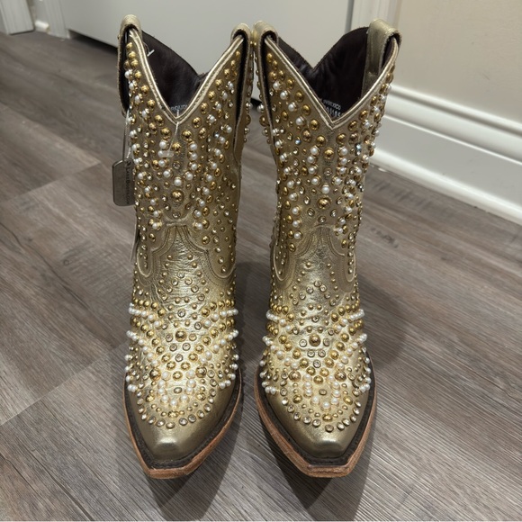 Lane Dolly Pearl Stud Jeweled Cowboy Western Metallic Gold Leather Bootie Boots - Picture 4 of 14